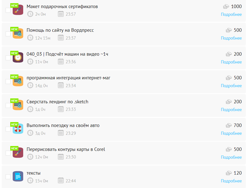 Так выглядит панель доступных задач. Самое нижнее задание "тексты" - это составление небольшого текста стоимостью 120 рублей. Подсчет машин, это просмотр видео и счет машин, которые проехали, легко правда?