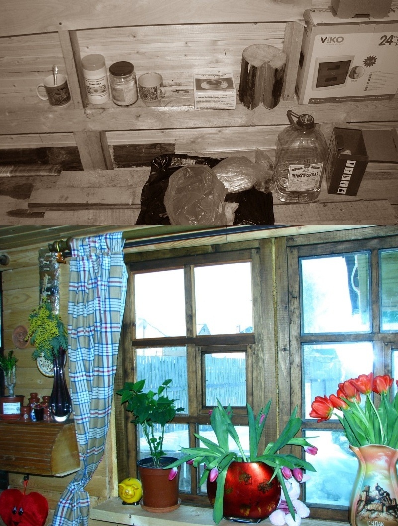 На фото вверху: наша "кухня" в процессе стройки, май. И это же место, март.