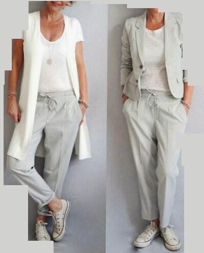 Образ с коротким жакетом смотрится лучше, чем с длинным жилетом.  
 