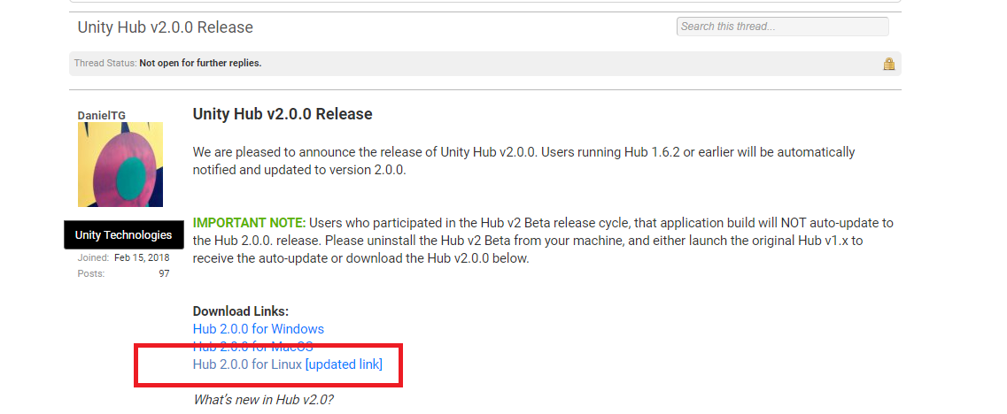 Красным выделен Unity Hub для Linux
