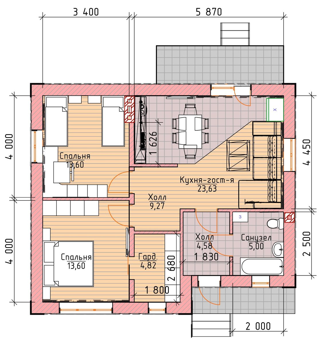 Трехкомнатный одноэтажный дом 9 х 11 м., из кирпича, площадью 70 кв.м. ??