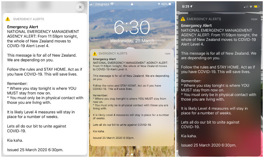 За несколько часов до введения карантина все жители Новой Зеландии получили соответствующее экстренное оповещение об этом на свои сотовые телефоны.