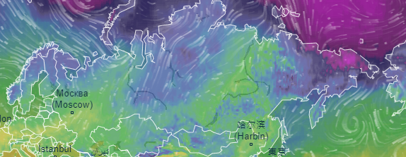 Зеленый цвет на карте обозначение температуры в пределах 5 градусов по Цельсию, полосами обозначено направление ветра