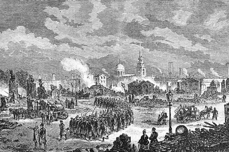 Пострадавший от огня Кронштадт в конце октября 1874 года напоминал «Москву, спаленную пожаром». Рисунок из журнала «Нива». Из коллекции автора.