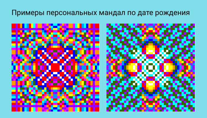 Персональные мандалы по дате рождения, примеры. Дочь (слева) и мама (справа)