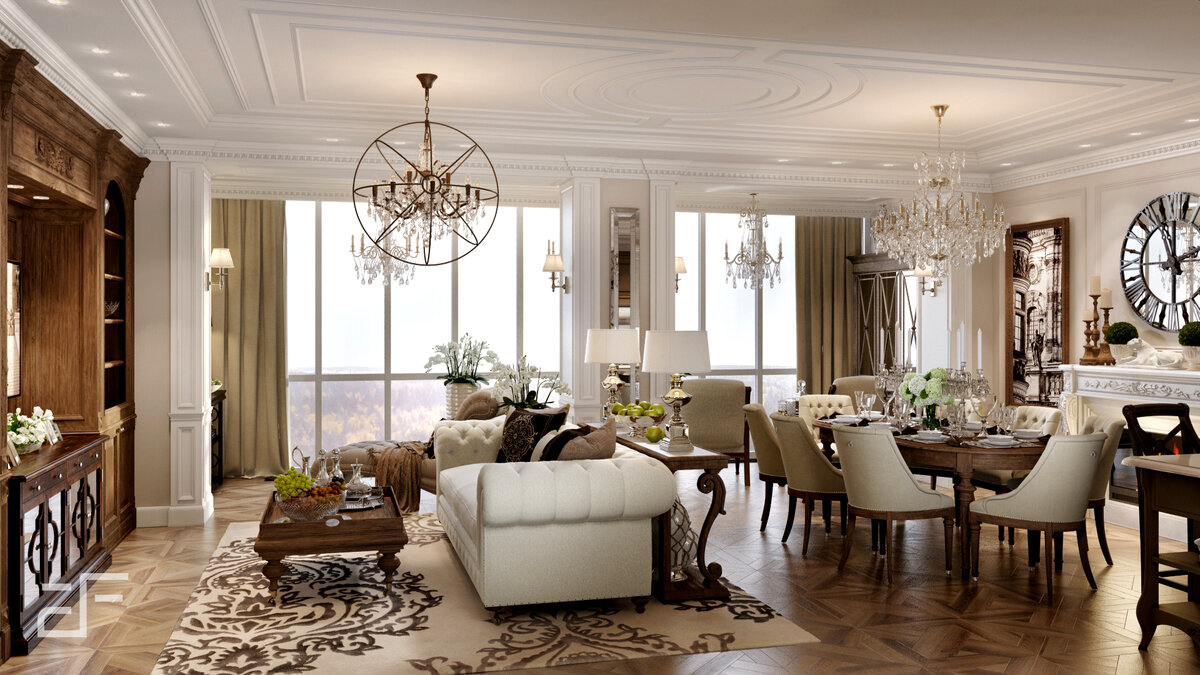 Дизайн интерьера совмещенной кухни гостиной в стиле американская классика