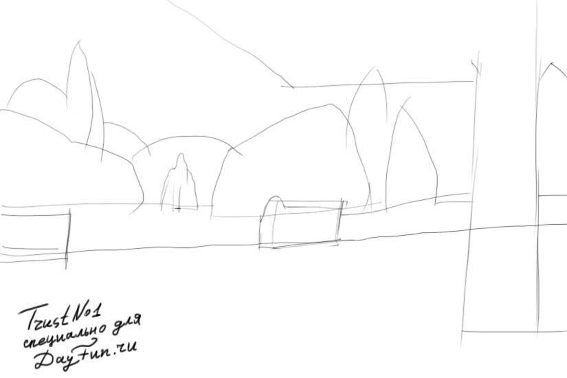 Набросаем эскиз. Рисуем линию горизонта. На заднем фоне силуэты деревьев.