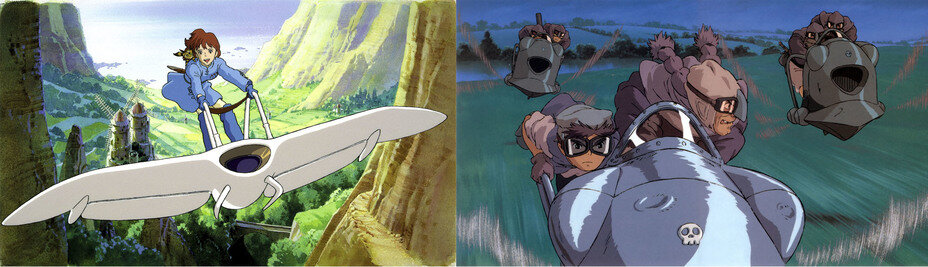 Фантастические летательные аппараты в ранних фильмах Миядзаки «Навсикая из Долины ветров» (слева) и «Небесный замок Лапута» (справа)