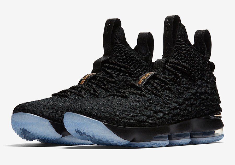 Lebrons 15 black cheap and gold