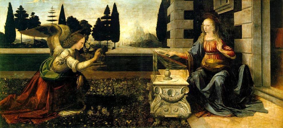 Благовещение. 1475 г. ХудожникиЛеонардо да Винчи и Андреа Вероккьо