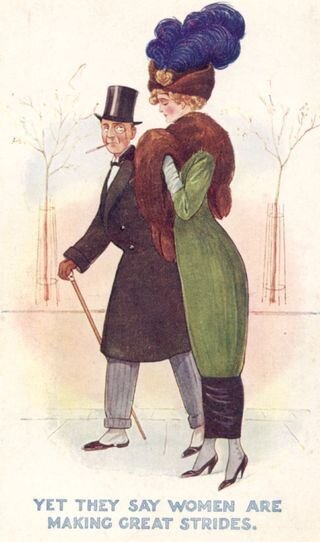 Подпись гласит: "В наше время, говорят, женщины делают большой шаг вперед"