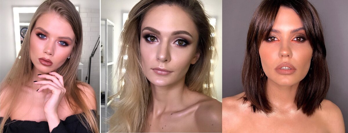 1. Цвета губ и теней тяжелые для нее, добавляют возраста. Отдают странным оранжевым цветом. 2. Не верно подобран хайлайтер, слишком холодный жемчужный. Прям лезет из лица, добавляет неестественной бледности-синюшности. Концентрируешься не на лице, а на блеске. 3.Самый удачный, немного мимо оранжевый, поэтому вырывается из лица и выворачивает форму глаза.