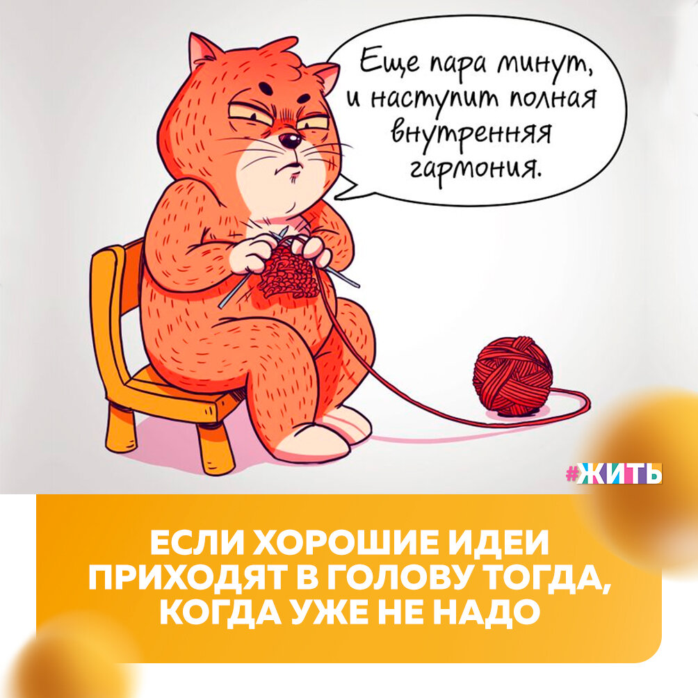 Друзья, мы заканчиваем серию котосоветов созданную на основании исследования нейробилогии😌 
 
Надеемся, что они Вам помогли и Вы справились со своим плохим настроением💪 
 
И сегодня мы расскажем Вам, что делать, если хорошие советы приходят в голову уже тогда, когда не надо🤔 
 
Как выглядит: у Вас никак не получается придумать оригинальную идею🙈 
 
Вы чувствуете себя перегоревшим, опустошенным и заодно выжатым, как лимон. Так оно и есть: Вы настолько загоняли свой мозг, что он отказался выдавать по тысяче идей в секунду и временно объявил Вам забастовку☝ 
 
Возможные причины: творческий застой😔 
 
❗Вам нужен отдых от креативного процесса: 
 
💡 Найдите хобби, которое потребует от Вас простых, монотонных действий (например вязание); 
 
💡 Не забывайте, что даже суперкреативному человеку регулярно требуется свободное время для восполнения творческой энергии. 
 
Интересно, а какой отдых устраивали себе Вы, когда приходилось сталкиваться с подобными проявлениями усталости? Поделитесь с нами в комментариях💓 
 
#жить #проектжить