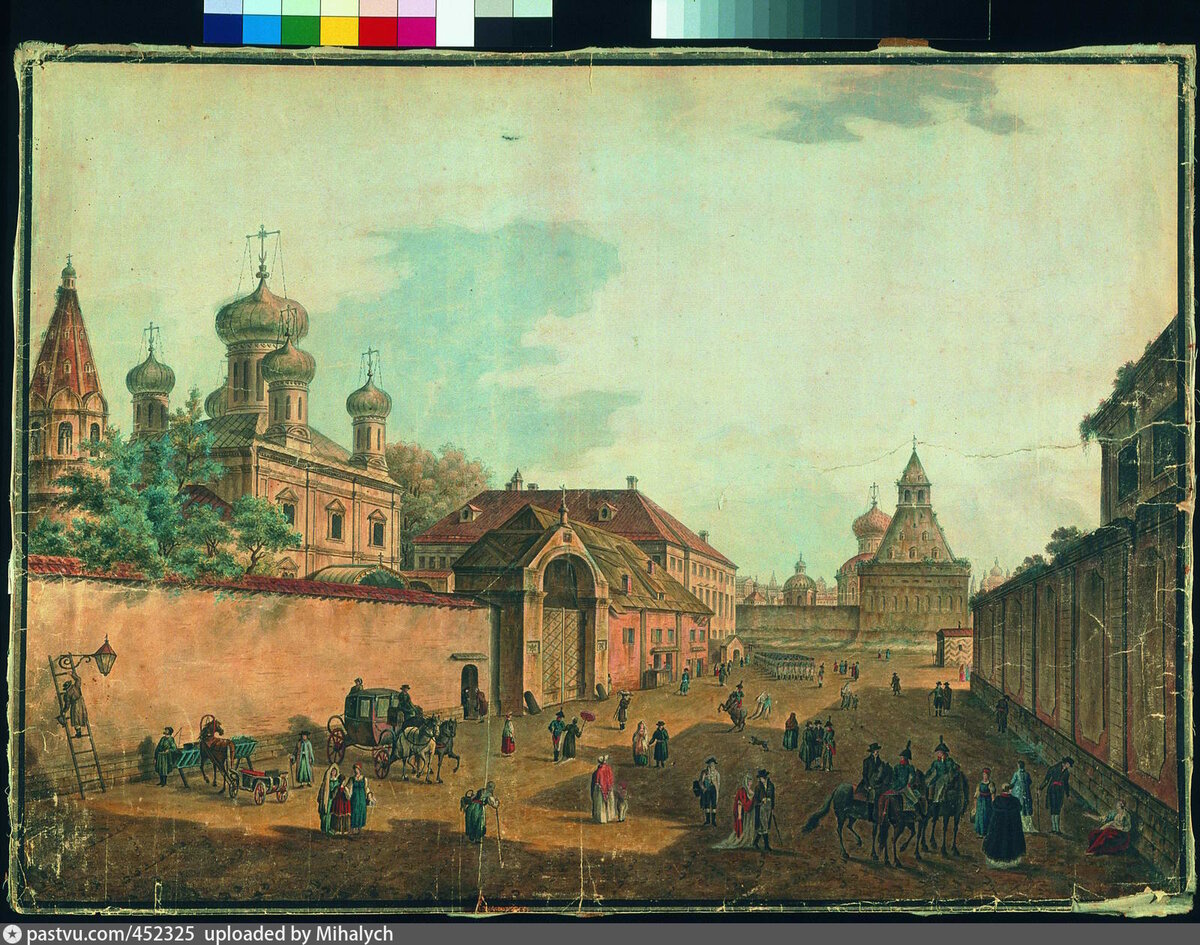 Начало Мясницкой в 1801 году. Сейчас на месте церковных ворот — выход из метро «Лубянка». Художник: Федор Алексеев