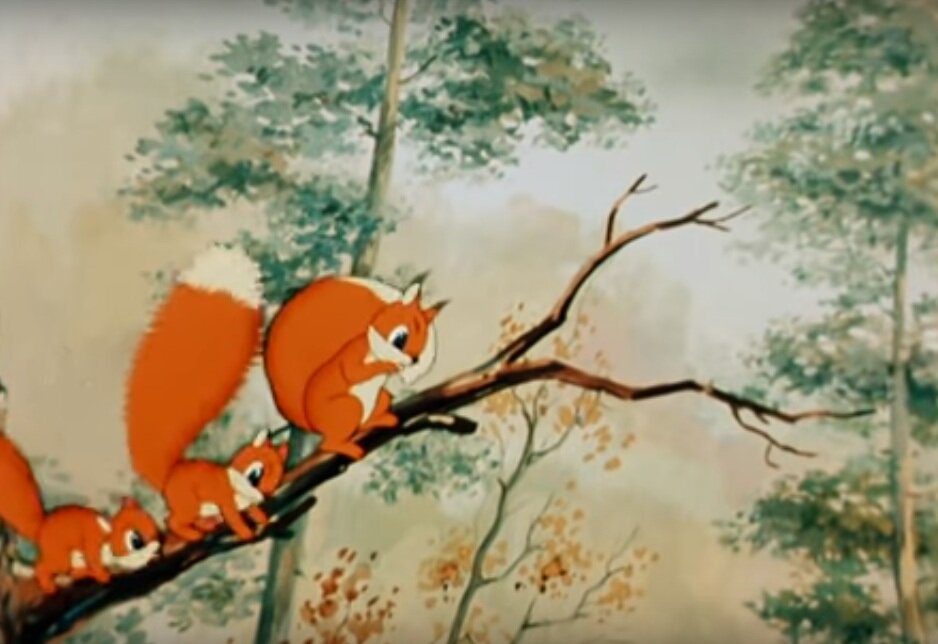 Белки пытаются спасти оленя от глупого поступка (фрагмент мультфильма "Олень и волк")