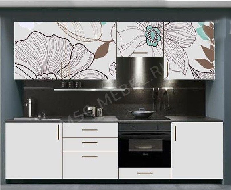 Прямая кухня Полина-15 с контурным рисунком на верхних фасадах