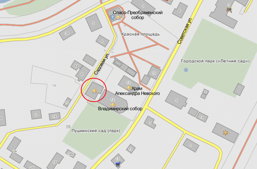 Ансамбль кремля на карте. Кругом отмечена церковь Петра Митрополита