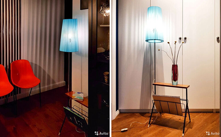 Стильный отечественный торшер «Жираф» с полочкой и газетницей. Производство СССР. Начало 1960-х. Металл, ДСП, пластик.