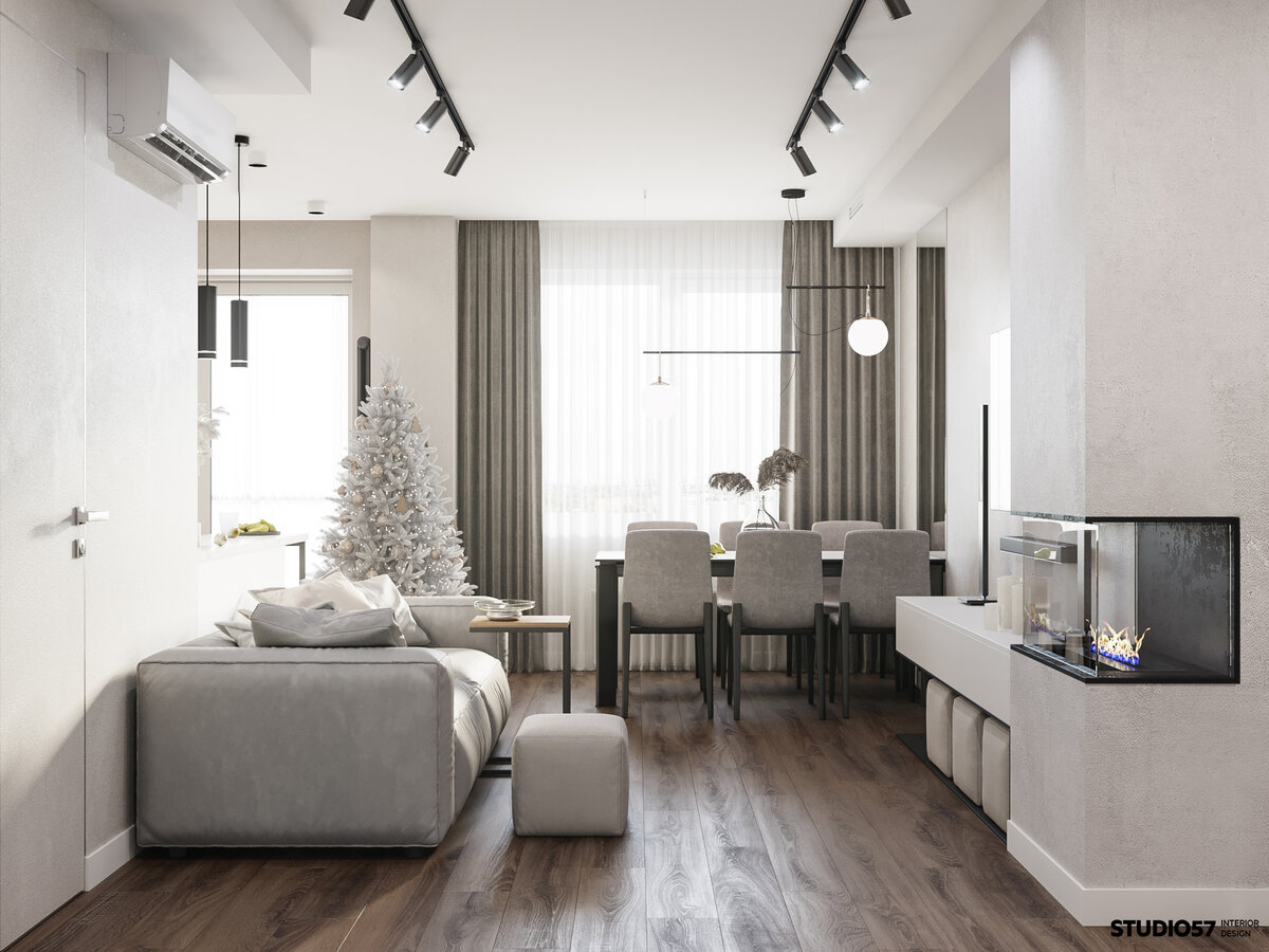 Прихожая-гостиная-кухня- коридор. S = 43 м2.