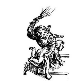 Учитель, наказывающий ученика. Миниатюра из средневековой европейской книги