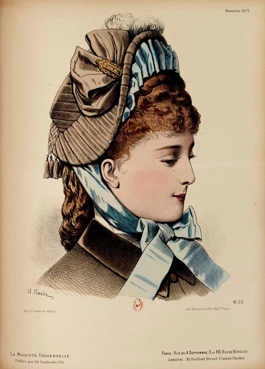 Небольшой модный капор, 1877 год.