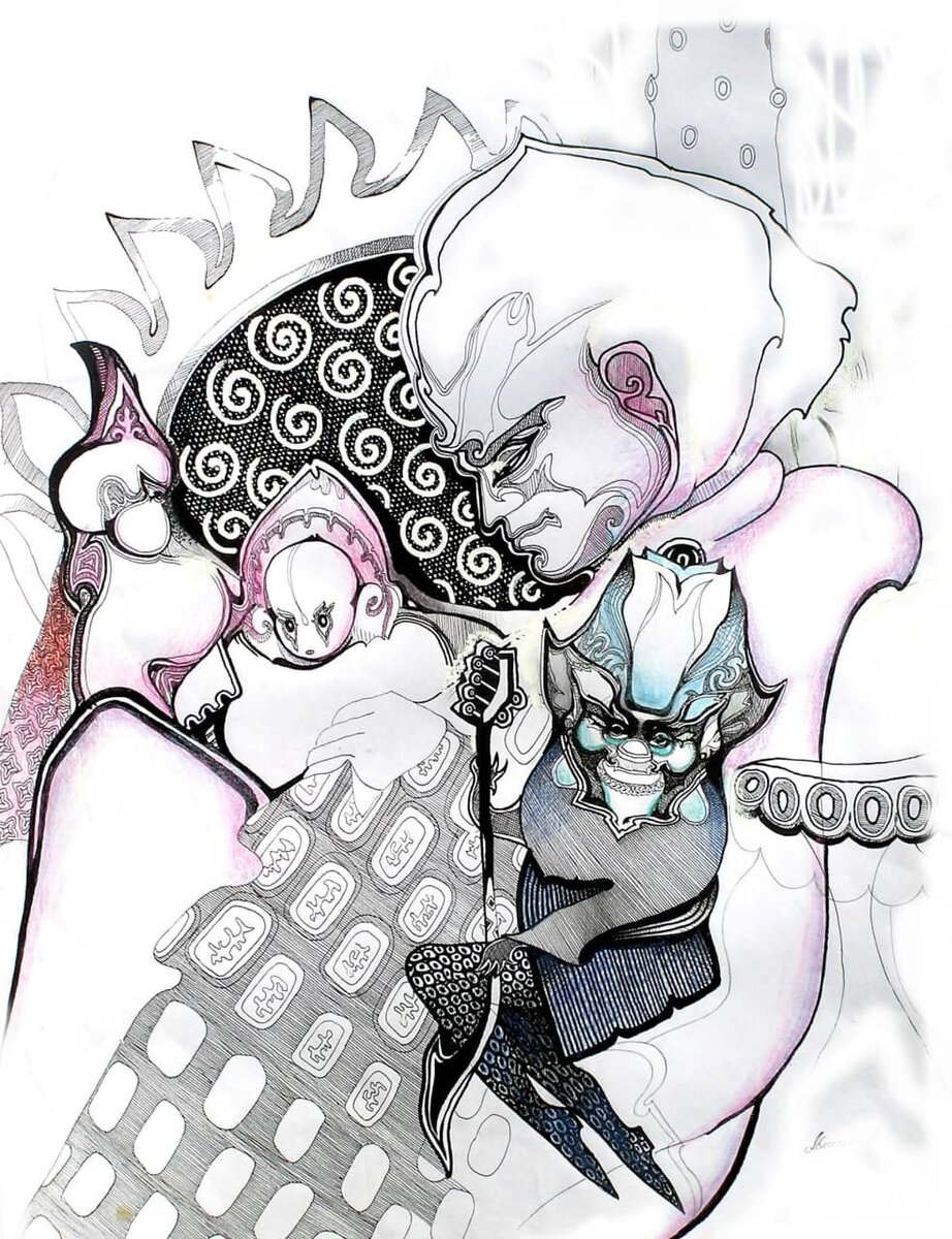 автор Нурлан Абишев, "Близнецы"/"Егiздер" 
бумага, тушь