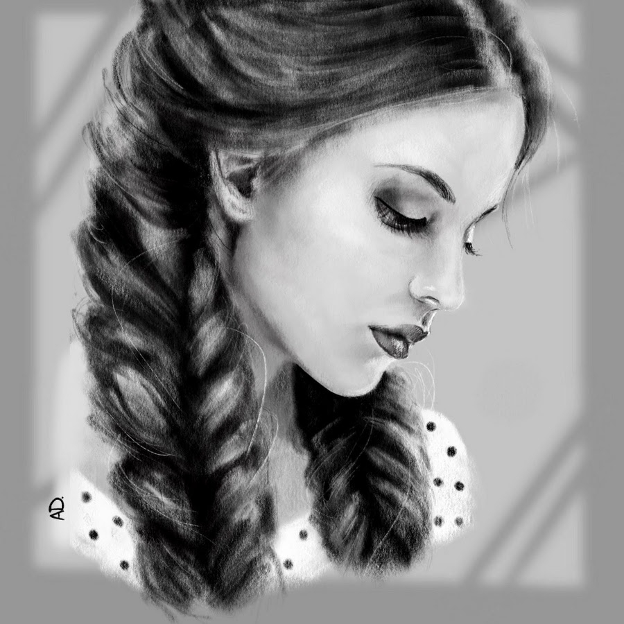 Картинка из открытого доступа на Яндексе. Рисунок карандашом, девушка с косичками.