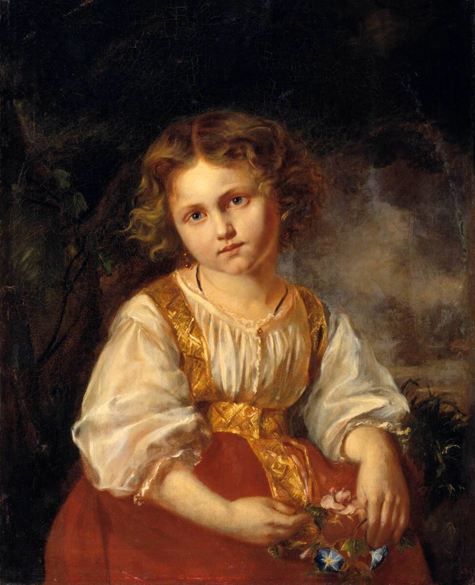 "Девочка в русском костюме", В.Г. Худяков, 1844. Ульяновский художественный музей. Картина написана в первый год обучения художника в Московском училище живописи.