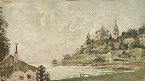 А.Н. Самохвалов. Эскиз декорации к комедии А.Н. Островского «Горячее сердце». 1943 г. Из коллекции Тверского государственного объединённого музея.