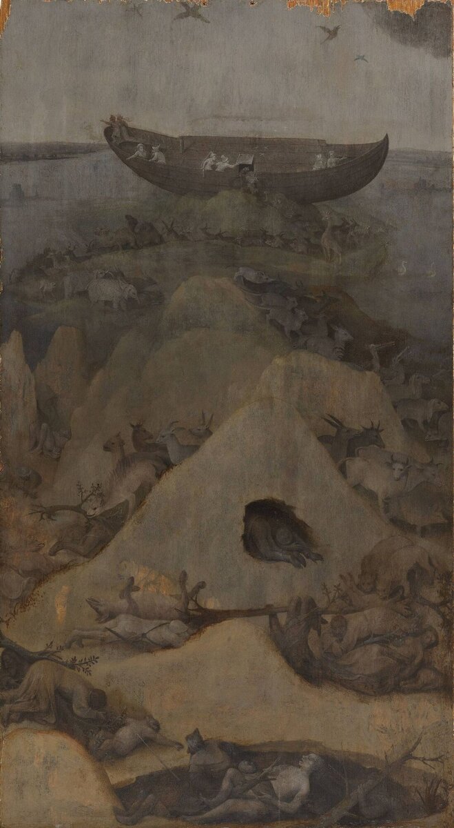 Иероним Босх Ад и потоп. Ноев ковчег на горе Арарат. Доска, масло. 69 × 38 см. Около 1514 года. Музей Бойманса — ван Бёнингена, Роттердам, Нидерланды