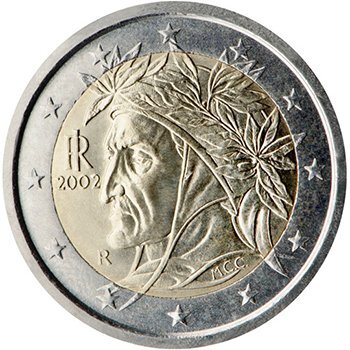 
2 евро 2002 года, Италия. Портрет Данте Алигьери (Рафаэль)