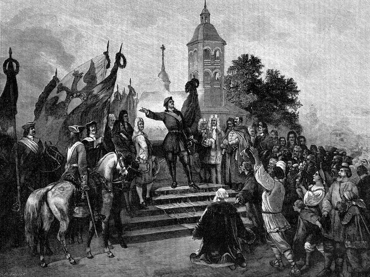 Объявление о заключении мира Петром I. Ссылка на источник изображения: https://runivers.ru/upload/iblock/3de/Nishtadsky_mir.jpg