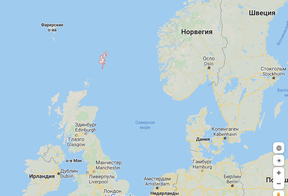 Карта с местами событий - Шетландские острова выделены красным контруом
