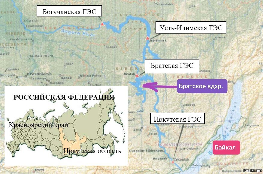 Братское водохранилище на контурной карте