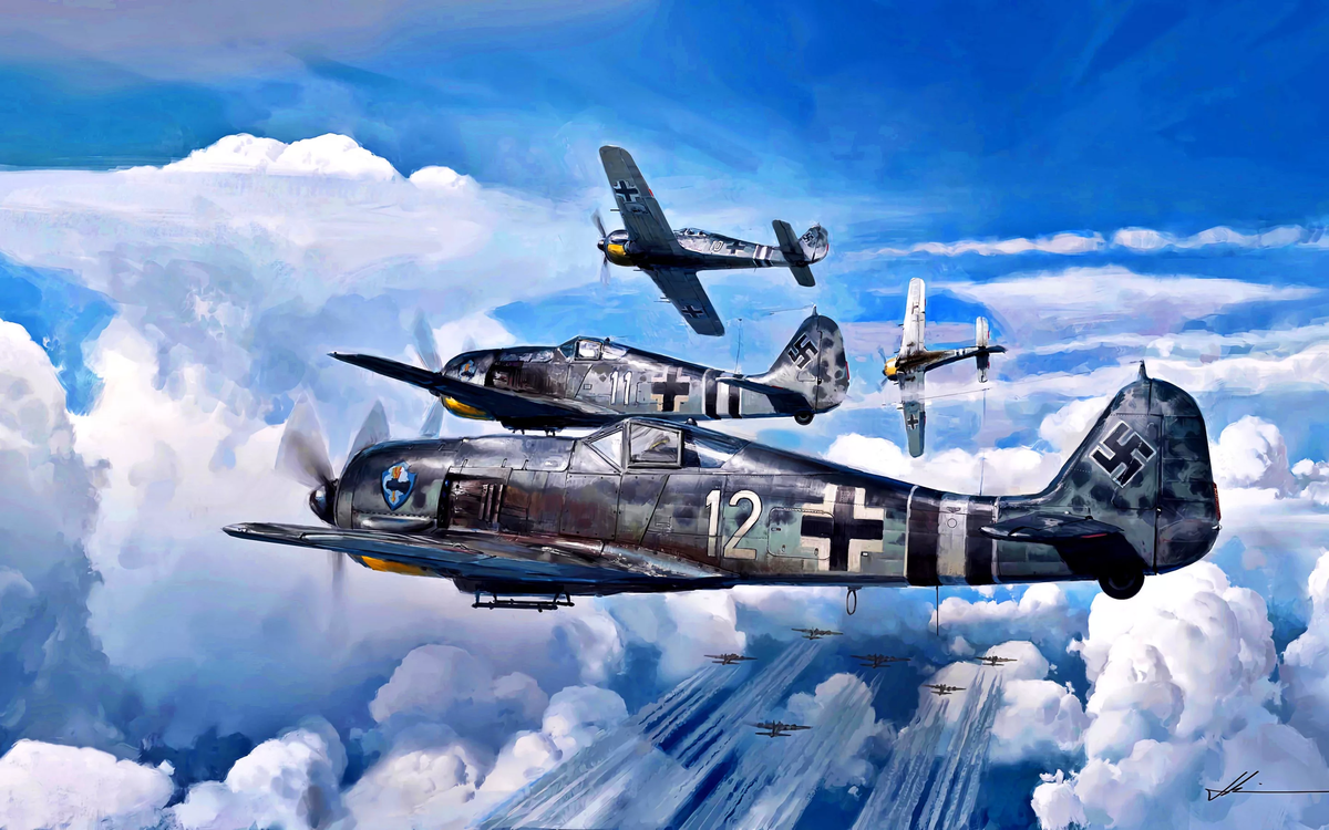 Фокке Вульфы 190 заходят на союзные бомбардировщики