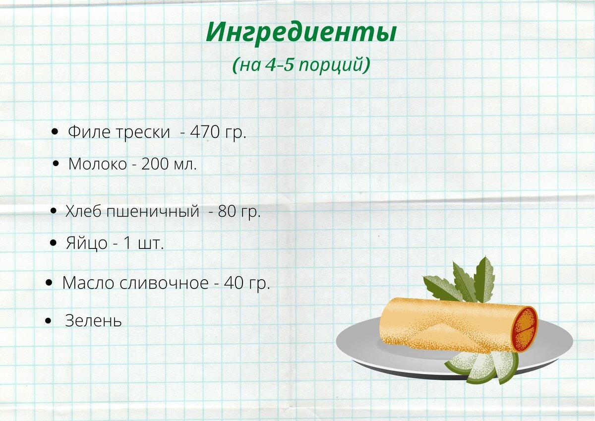 На 4-5 порций: 470 гр. филе трески, 200 мл. молока, 80 гр. пшеничного хлеба, 1 яйцо, 40 гр. сливочного масла, зелень или салат