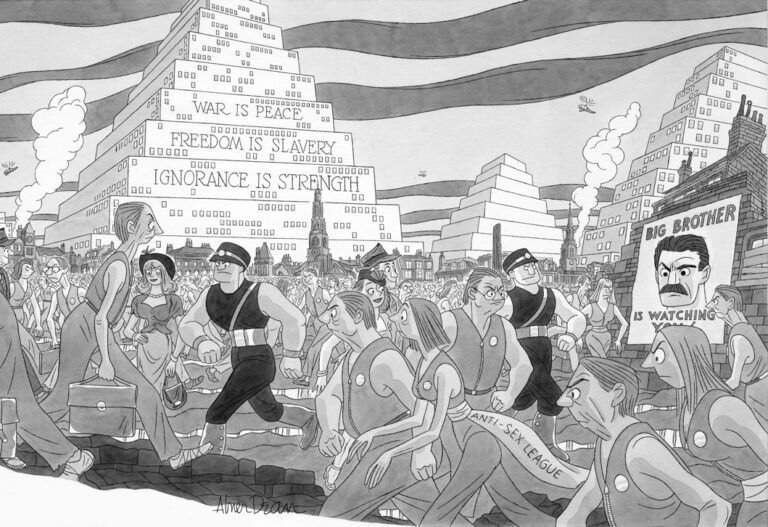 "Миниправ — разительно отличалось от всего, что лежало вокруг. Это исполинское пирамидальное здание, сияющее белым бетоном, вздымалось, уступ за уступом, на трехсотметровую высоту. Из своего окна Уинстон мог прочесть на белом фасаде написанные элегантным шрифтом три партийных лозунга: Война — это мир
свобода — это рабство незнание — сила" (фото из открытого источника)
