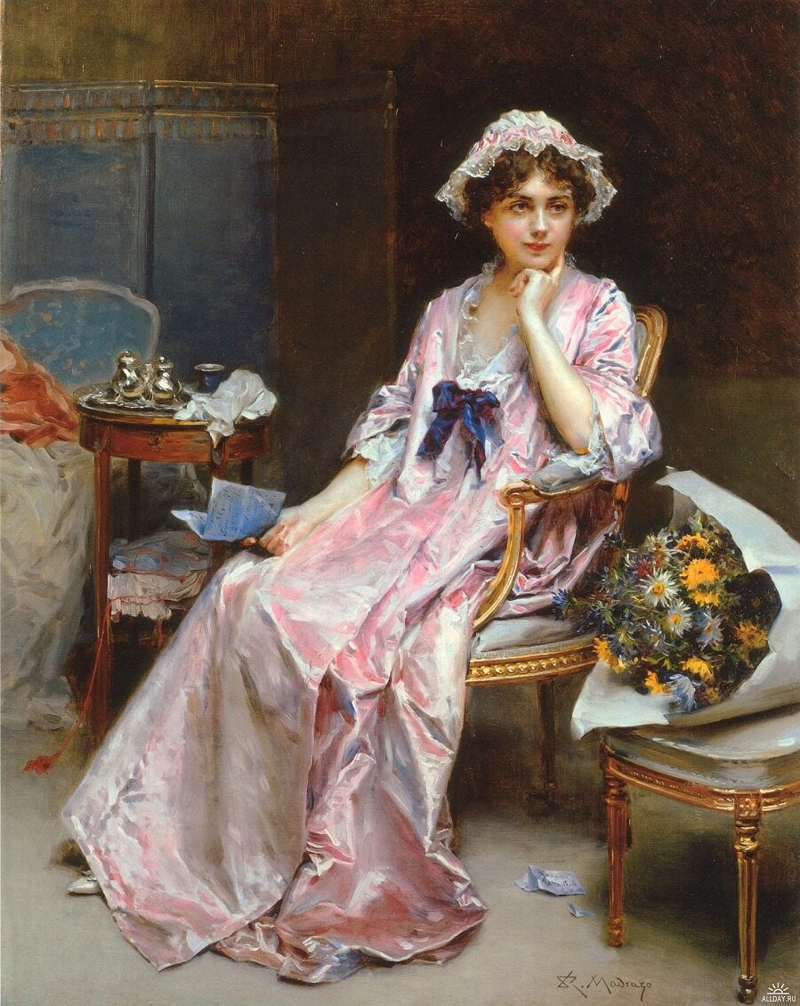 Раймундо Мадрасо. "Любовное письмо", 1880-е. Дама в утреннем капоте и чепчике. 