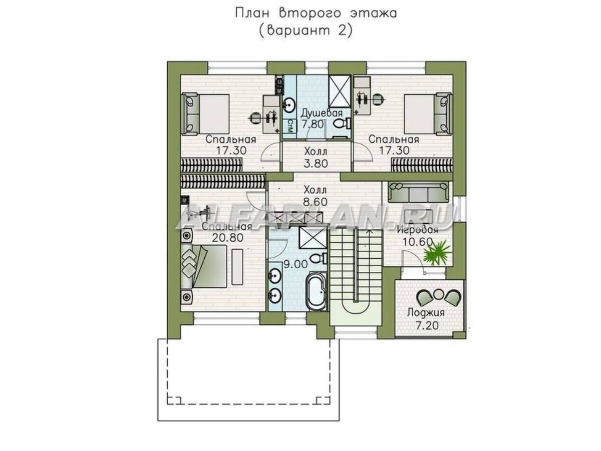 · Есть 2 вариант планировки 2 этажа, в котором детские спальни имеют один общий санузел и находятся в отдельном блоке, отделенном холлом.