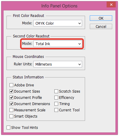 Иллюстрация 2. Настройка палитры Info в Adobe Photoshop для отображения суммарного покрытия красок