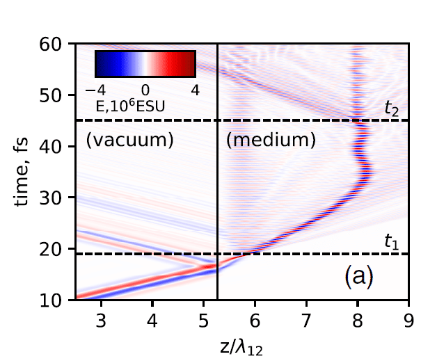    Эволюция поля короткого импульса, входящего в резонансную среду: световой импульс «останавливается» около точки с координатой z ≈ 8λ12. Здесь λ12 — длина волны резонансного перехода в среде / ©Arkhipov et al. / Physical Review Letters, 2022
