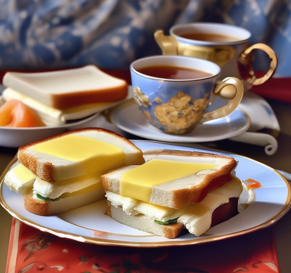 Фото сгенерировано нейросетью Шедеврум. Совсем не такая картинка, но по другому не показывает. Пусть так будет. Есть чай, хлеб и сыр.