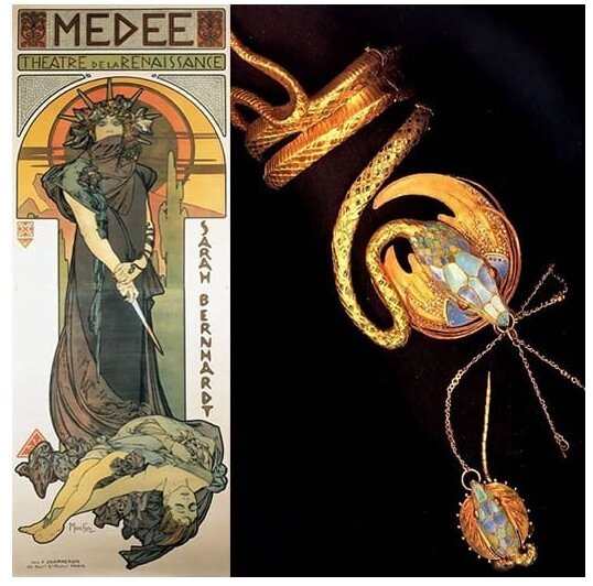 Плакат «Медея» работы Альфонса Мухи и знаменитый браслет Жоржа Фуке, сделанный по эскизам художника.