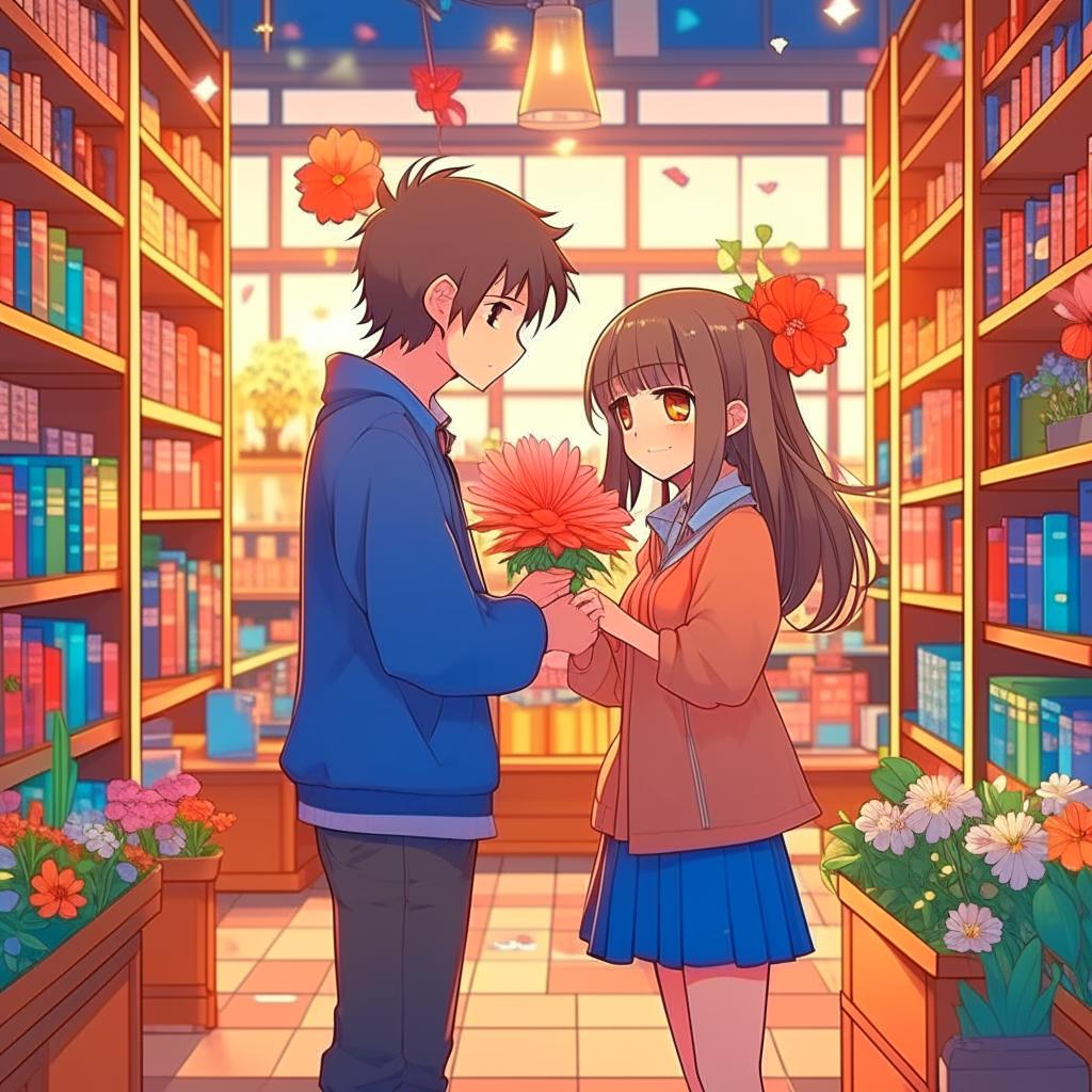 Мальчик дарит цветы девочке в библиотеке