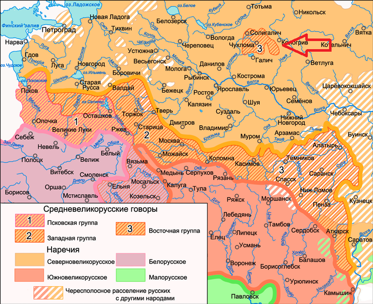 Говоры чухломского острова на диалектологической карте среднерусских говоров 1914 года. Данные из открытых источников.