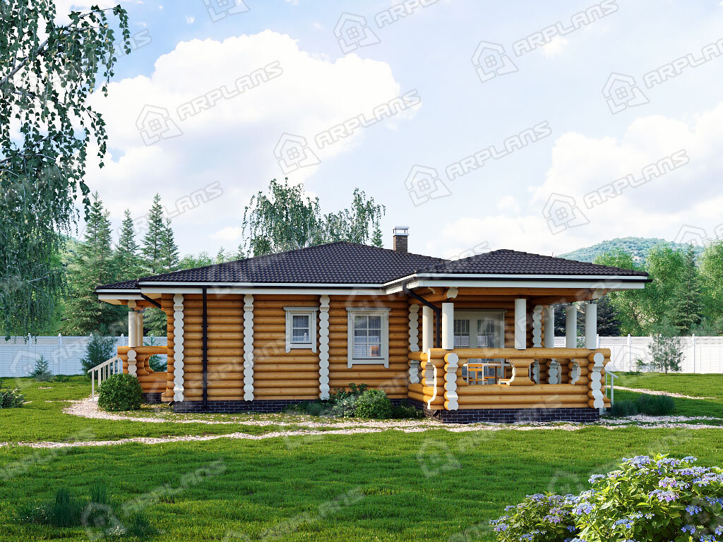 Фото 2 одноэтажного дома из бревна с 3 спальнями, 100 кв м. Источник arplans.ru Проект ДО-123