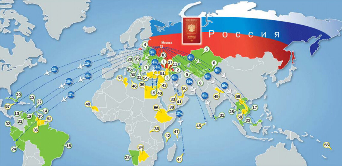 Карта безвизовых стран для россиян 2023