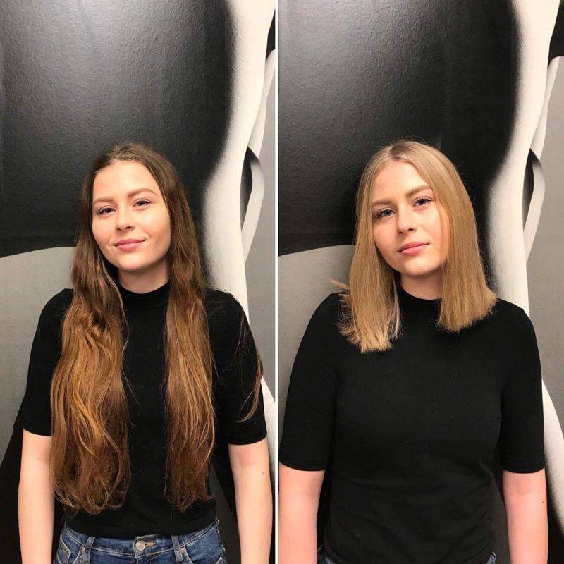 Девушка на фото изменила длину волос и сделала осветление