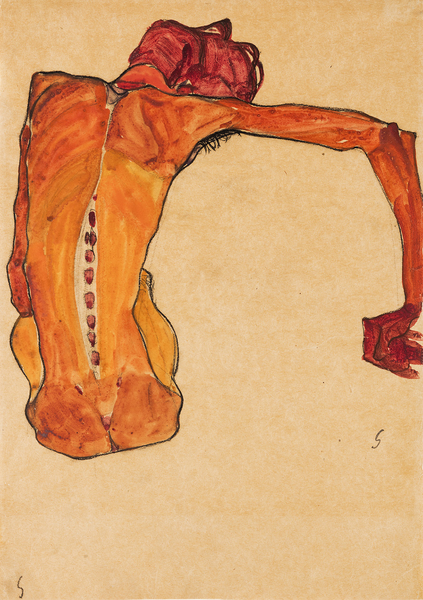 Egon Schiele, Sitzender männlicher Rückenakt (Naked man, rear view), 1910. Paper, watercolor, gouache and black pencil. New York City Gallery. A gift from the Serge and Valley Sabarsky Foundation, Inc. Photo: Hula Kolabas for Neue Galerie New York.