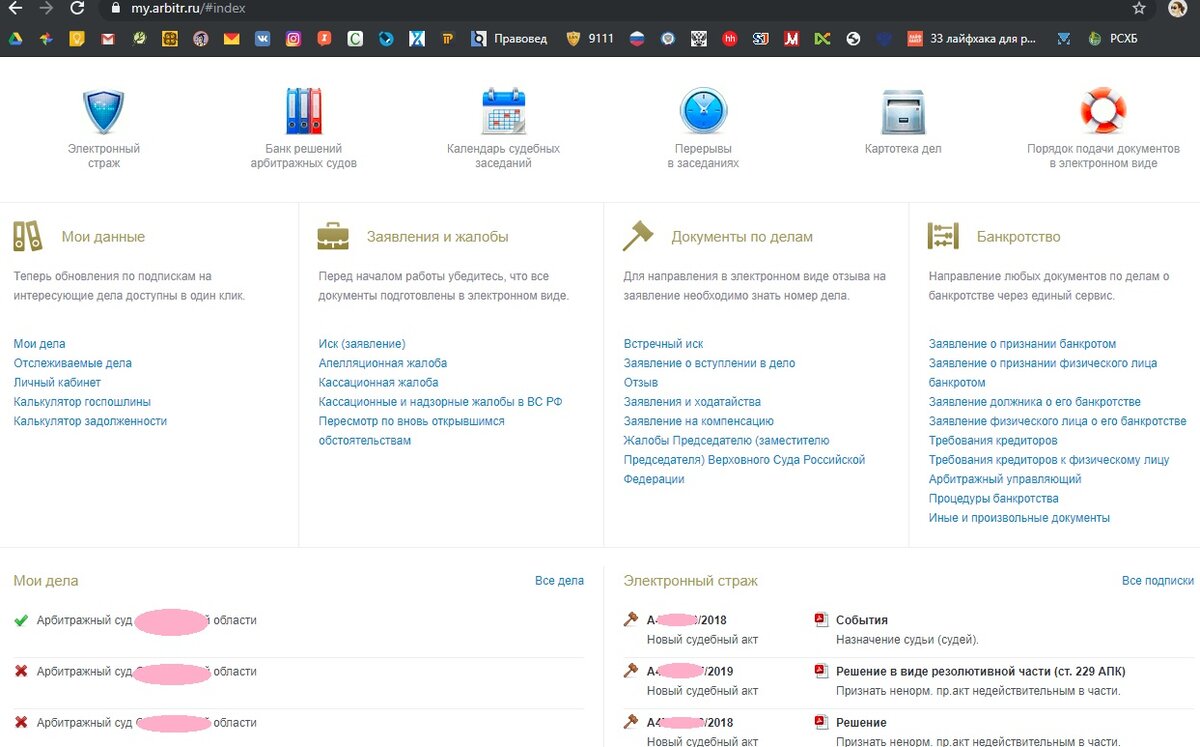 Так выглядит личный кабинет сервиса Мой арбитр